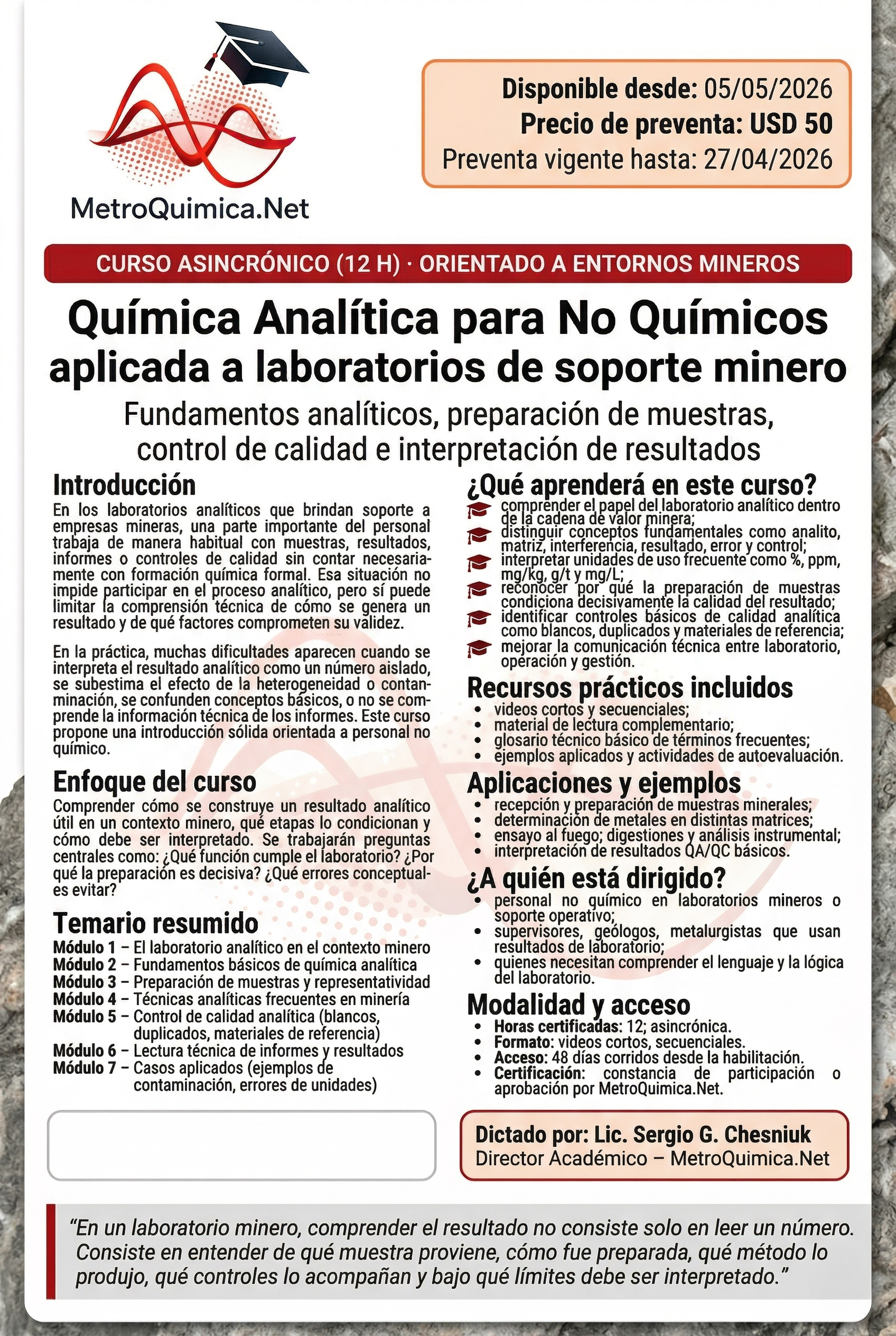 Curso: Química Analítica para No Químicos aplicada a laboratorios de soporte minero